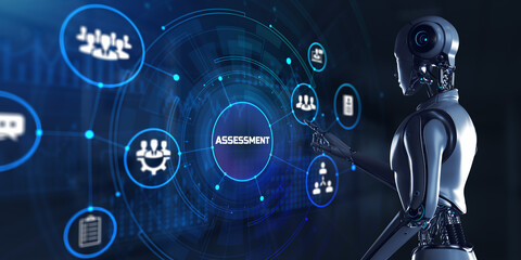 Assessment automation business and technology concept. 3d render robot pressing virtual button.