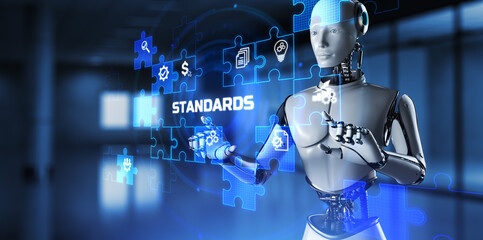 Standard quality control certification standardisation. Robot pressing button on screen 3d render. - obrazy, fototapety, plakaty
