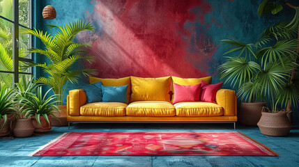 Wallpaper with a tropical pattern and bright colors bright and saturated colors that create the impression of a tropical oasis on the