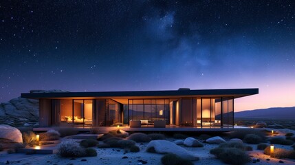 beautiful modern house in the middle of the desert with lights and a beautiful starry sky
