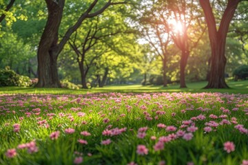 A field covered in pink flowers sits adjacent to a group of tall trees.
