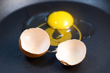 Raw broken egg and egg shells in a pan with a dispenser. Expensive price on eggs in Russia. Overpriced concept. Poor people. Unemployment.