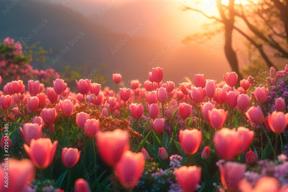 Poster a field of pink tulips bathed in the warm glow of the setting sun.