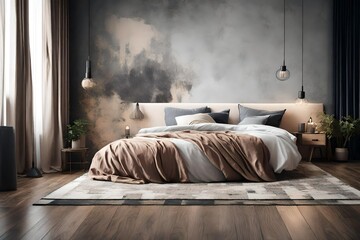 Cozy winter bedroom with glowing old fashioned bed, illuminated by yellow. close up view.