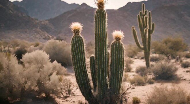 cinematic cactus trees in the desert and blowing sand