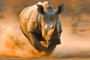 Zelfklevend Fotobehang A rhinoceros charges forward, displaying its strength and determination © Veniamin Kraskov