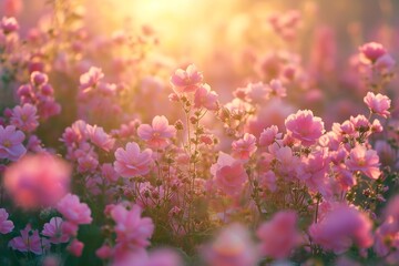 A vibrant field filled with pink flowers, illuminated by the sun in the background.