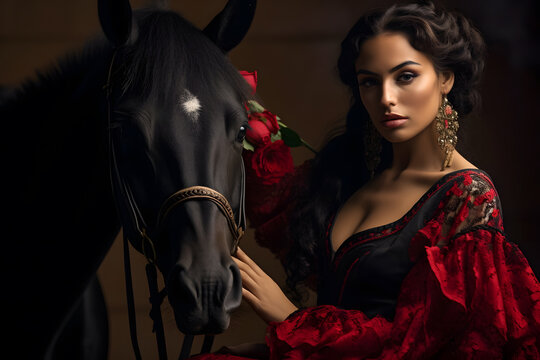 Woman in flamenco dress next to a horse