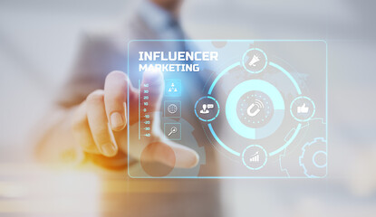 Influencer Influence marketing social media advertising concept on screen.