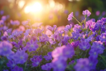 A stunning field of purple flowers bathed in sunlight with the sun shining in the background.