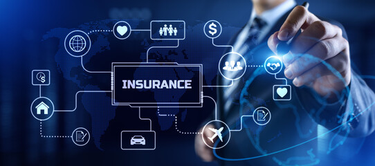 Insurance Insurtech. Businessman pressing button on screen.