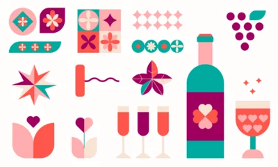 Fotobehang Wine elements geometric style.Good for branding, decoration of wine package, cover design, decorative print.Wine Tasting Concept. Vector illustration EPS 10. © Anna