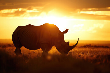 A rhino silhouetted against the golden hues of a sunset - obrazy, fototapety, plakaty