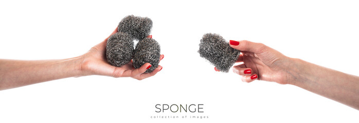 Metal kitchen sponge in the hand isolated on a white background - obrazy, fototapety, plakaty