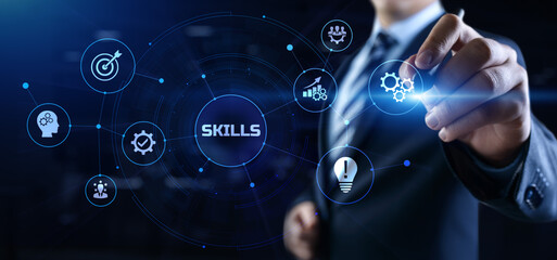 Skills education and personal development concept. Businessman pressing button on screen.