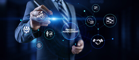 Project management business corporate technology. Businessman pressing button on screen.