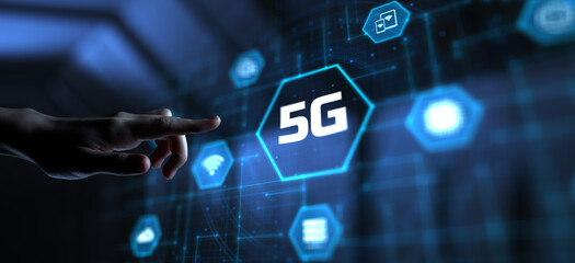 5G Fifth generation high-speed wireless internet connection telecommunication concept. Hand...