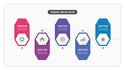 Five process hexagon timeline infographics
