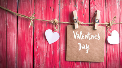 Rustic Valentine's Day Sign on Red Background.A rustic Valentine's Day signboard with white hearts hanging on a vibrant red wooden background.