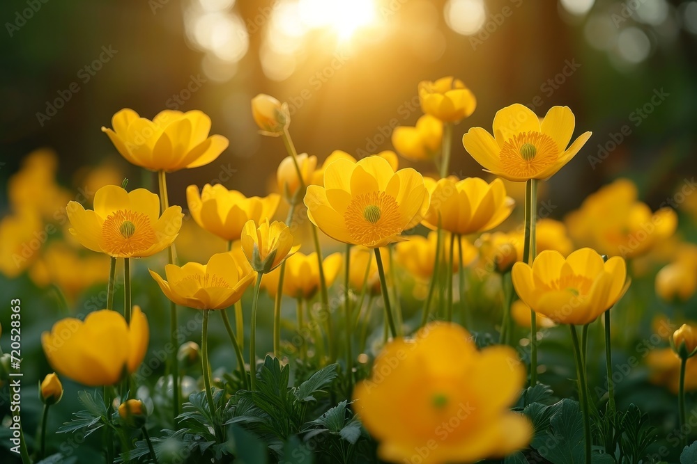 Wall mural A vast field filled with vibrant yellow flowers, illuminated by the sun in the background.