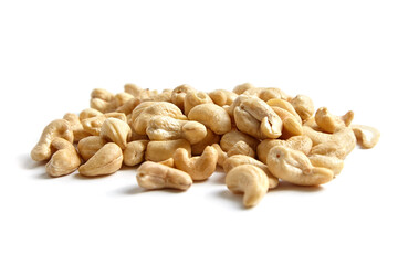 Cashew nut heap isolated on a white background. White background, nutty delights.