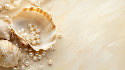 Seashell with pearls on a sandy background. Luxury and jewellery concept with place for text for design and print