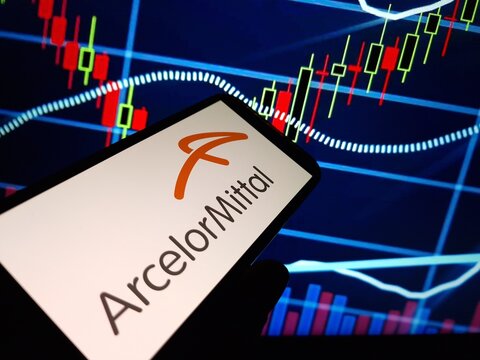 Konskie, Poland - January 25, 2024: ArcelorMittal company logo displayed on mobile phone