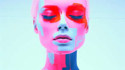 A surreal portrait of a woman with a segmented and colorful digital art face, evoking a futuristic and abstract aesthetic.Fashion concept. AI generated.