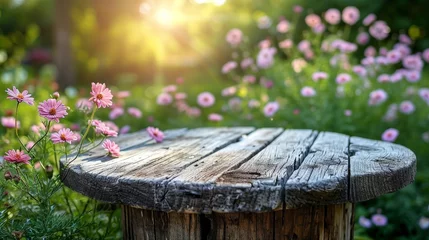 Foto auf Acrylglas A wooden table is situated amidst a vibrant field of flowers, creating a captivating scene in nature. © nnattalli