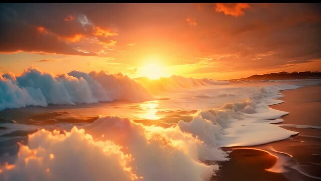 beautiful sunset panorama on the beach with cloud sky and  water waves