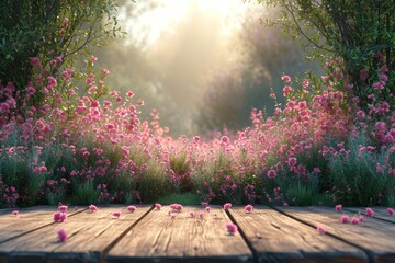 Naklejka na ściany i meble A wooden platform adorned with vibrant pink flowers.