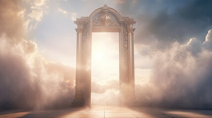Heaven door. Paradise holy gate, spiritual religion architecture. Bright light at sky. Next life and sunshine. Concept of afterlife and faith. AI Generated - obrazy, fototapety, plakaty