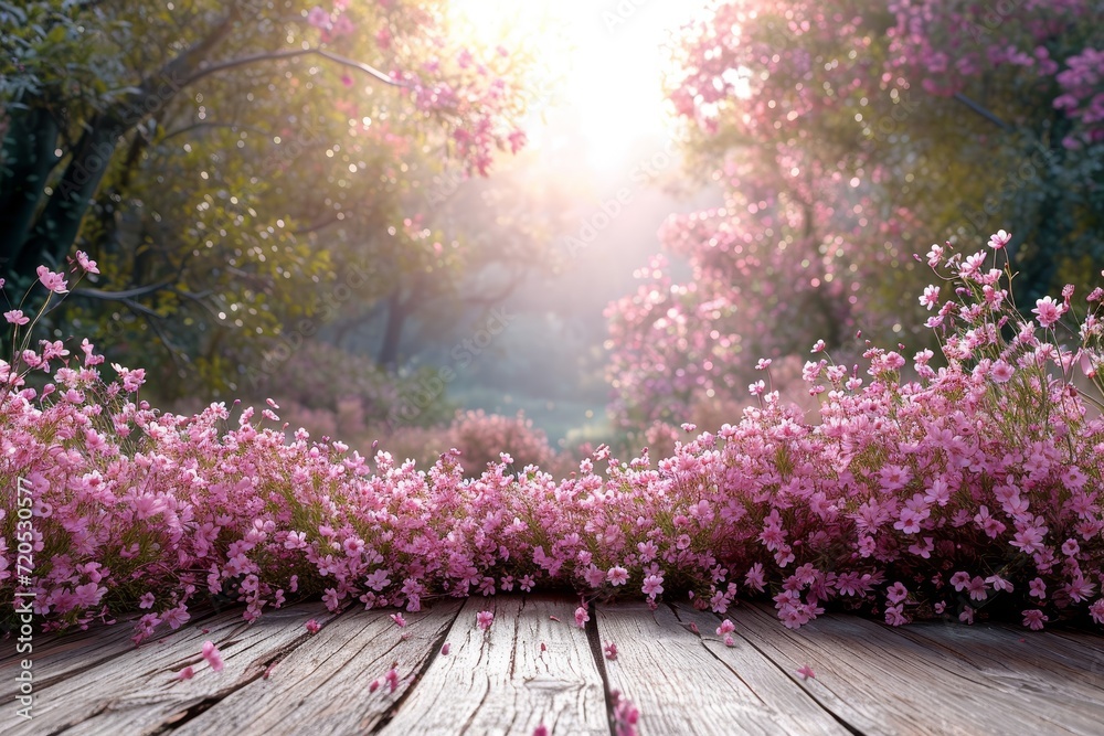 Aufkleber a wooden table covered with an assortment of vibrant pink flowers, creating a colorful display.