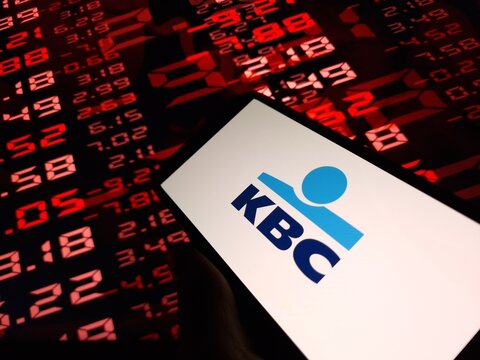 Konskie, Poland - January 25, 2024: KBC company logo displayed on mobile phone