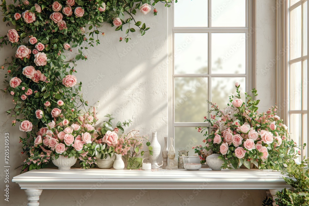 Aufkleber A white table with multiple vases filled with colorful flowers.