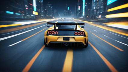 "Dynamic Night Drive, Yellow Sports Car Racing on Urban Highway, Speed, Cityscape, Velocity"