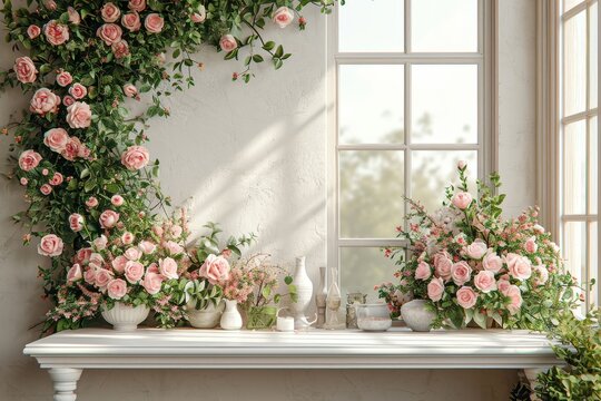 A white table with multiple vases filled with colorful flowers.