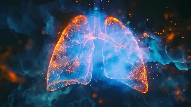 A holographic simulation of the effects of chronic obstructive pulmonary disease COPD on the lungs showcasing the narrowing of airways and difficulty breathing.