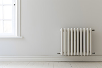 White radiator in an apartment. Modern radiator at home.  - obrazy, fototapety, plakaty