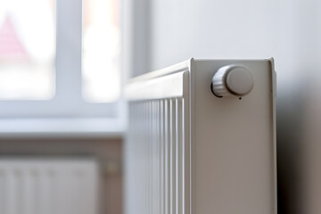 White radiator in an apartment. Modern radiator at home. 