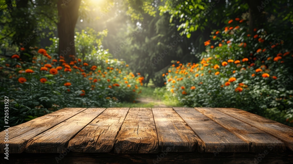 Poster An empty wooden table placed among the trees in a serene forest setting.