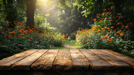 An empty wooden table placed among the trees in a serene forest setting. - obrazy, fototapety, plakaty
