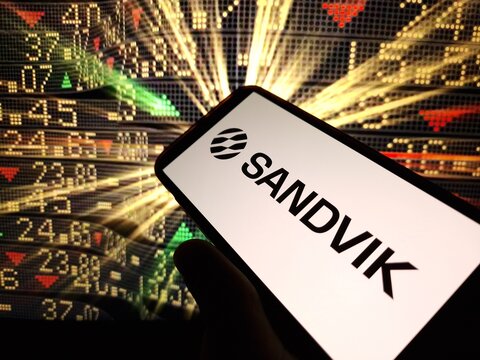 Konskie, Poland - January 25, 2024: Sandvik company logo displayed on mobile phone