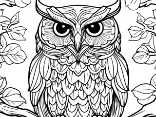 Wild bird, hawk owl sits on a tree branch surrounded by leaves. Vector generative AI, black lines