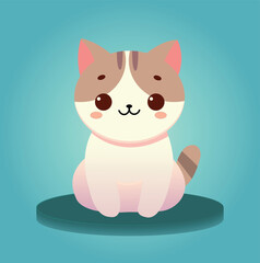 Obraz na płótnie Canvas Cute beige cat with brown spots and big chocolate eyes sits. Isolated icon, cartoon cat on Gradient background.