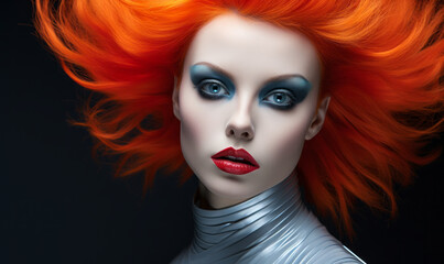 Obraz premium Futuristic orange-haired model with striking blue eyeshadow and bold red lips against a grey background, embodying avant-garde fashion and makeup artistry