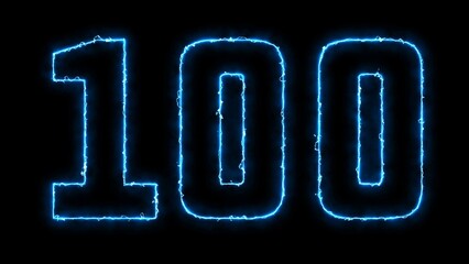 100 Electric blue lighting text with rendering on black background. 100 Number. One hundred thousand neon sign.