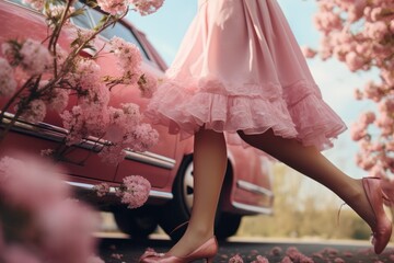Fototapeta na wymiar Slim legs woman in pink dress sitting in pink car decorated with a lot of pink flowers. Stylish beauty concept. Playful femininity. Glamorous spring elegance. Real photography, 8k
