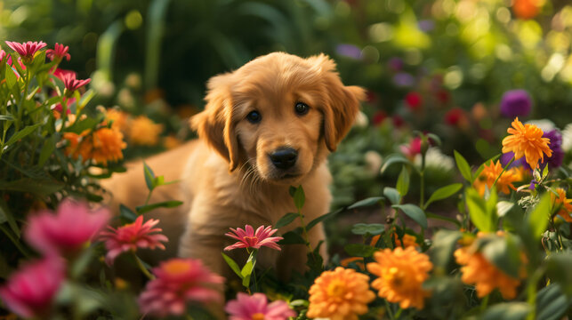 A charming scene of a golden retriever puppy playing in a lush garden surrounded by colorful flowers.