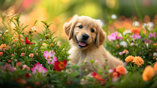 A charming scene of a golden retriever puppy playing in a lush garden surrounded by colorful flowers.